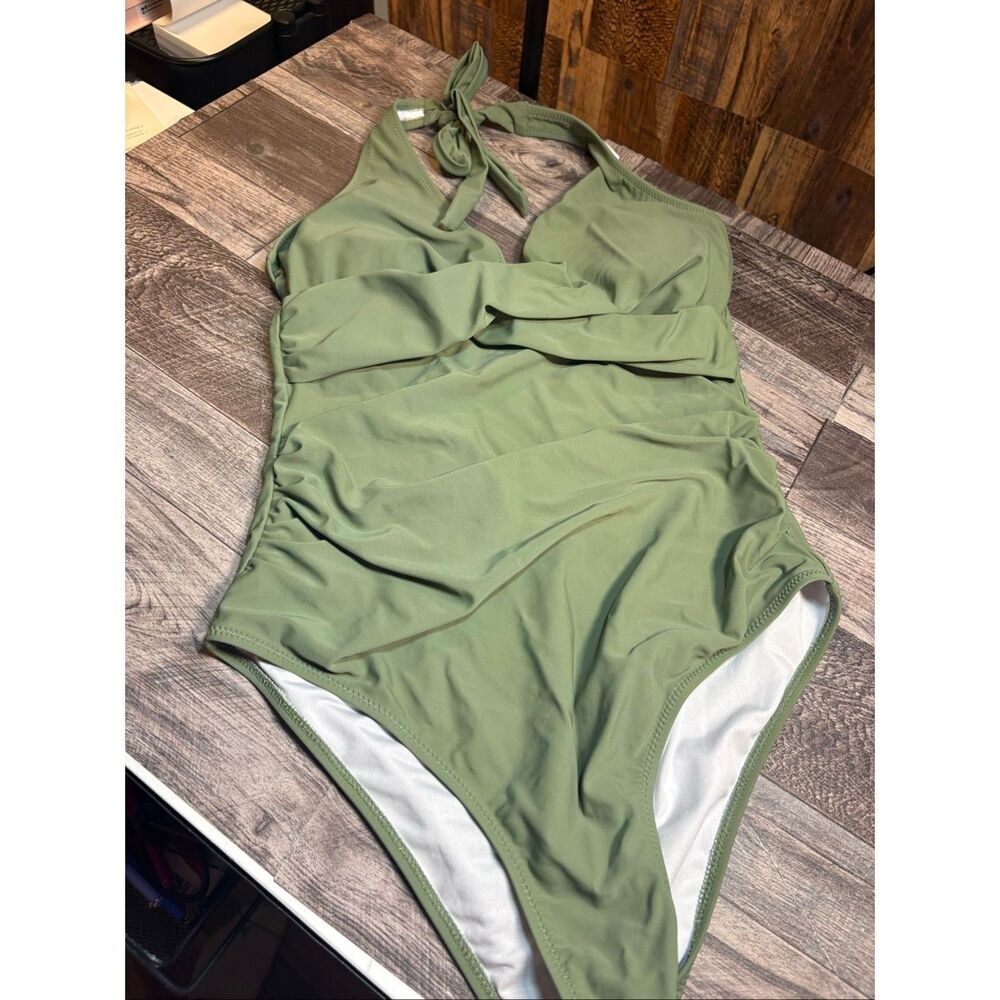 Olive Green One Piece Swimsuit Womens Medium Halter Ruched Tummy Control
